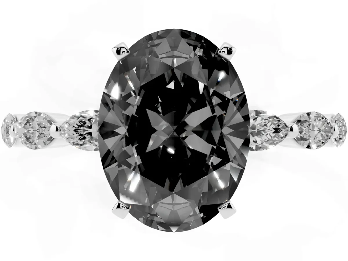 Fancy Black Oval Cut Diamond Ring with Marquise Side Stones and Prong Setting Silver