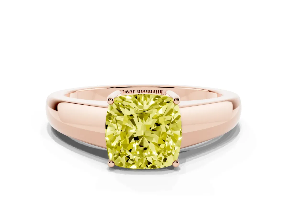 Fancy Yellow Cushion Cut Solitaire Diamond Ring with Tapered Band and Four-Prong Setting Rose gold