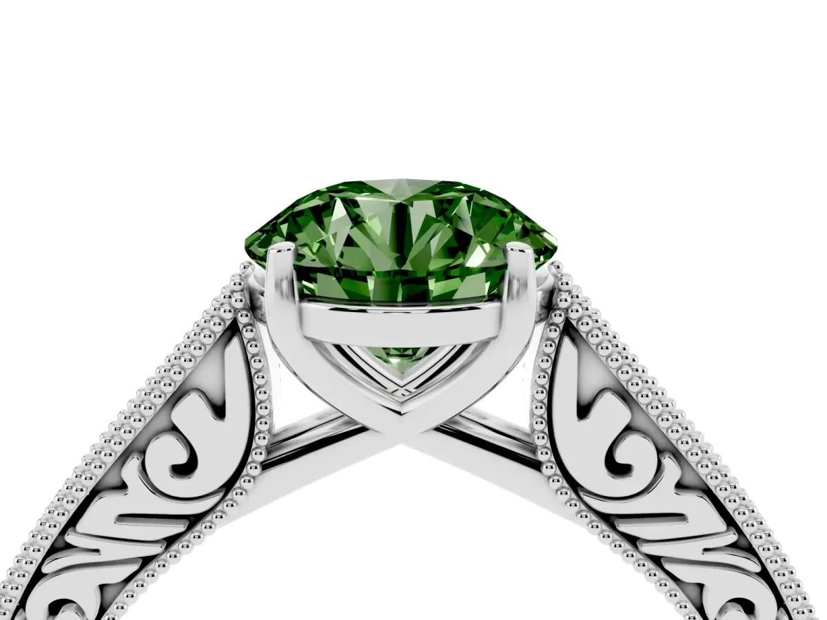 Fancy Green Round Cut Cut Pave Band Milgrain Solitaire Ring Platinum