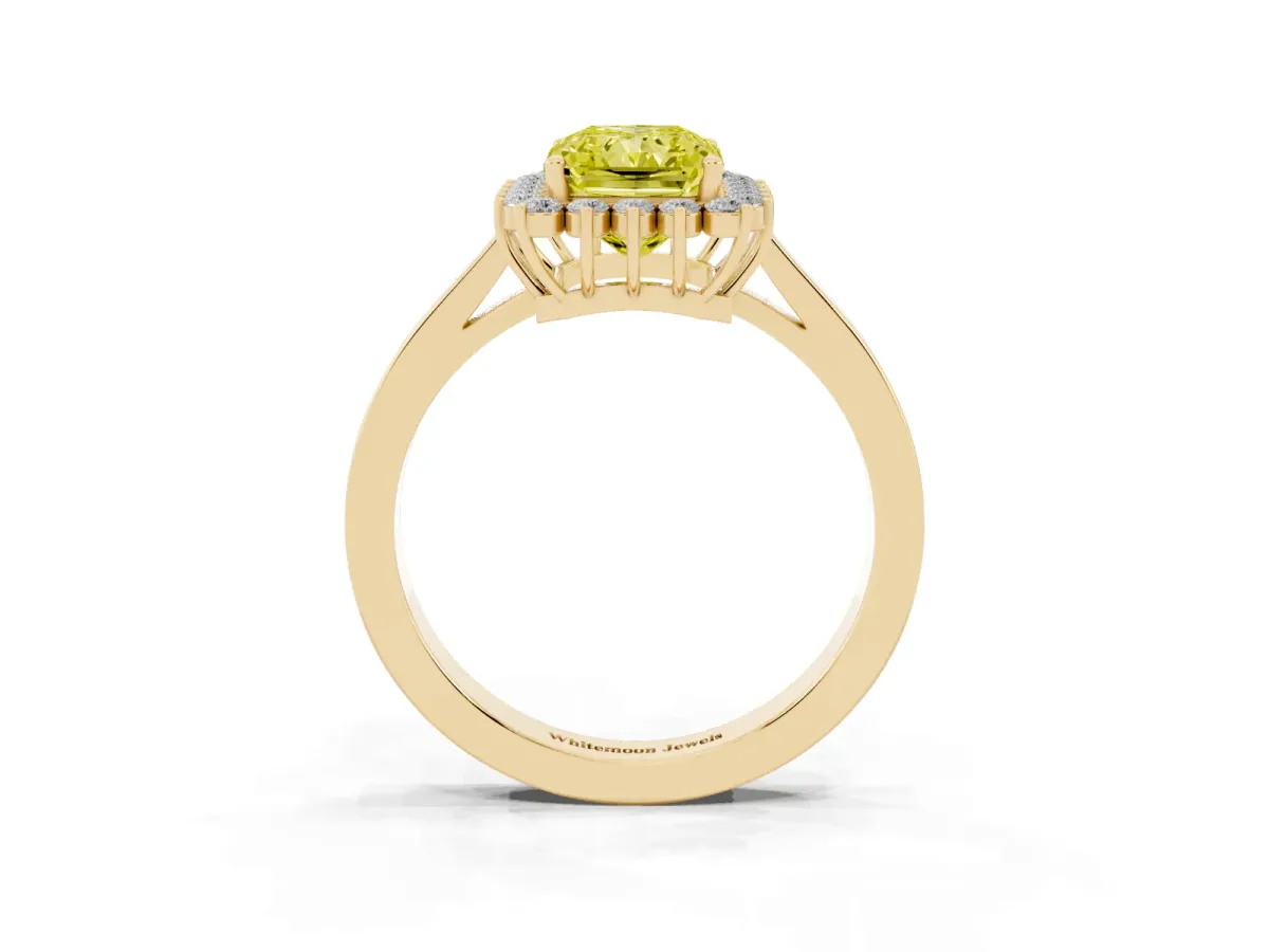 Fancy Yellow Radiant Cut Cut Diamond Halo Ring with Round Brilliant Halo and Solitaire Band Yellow gold