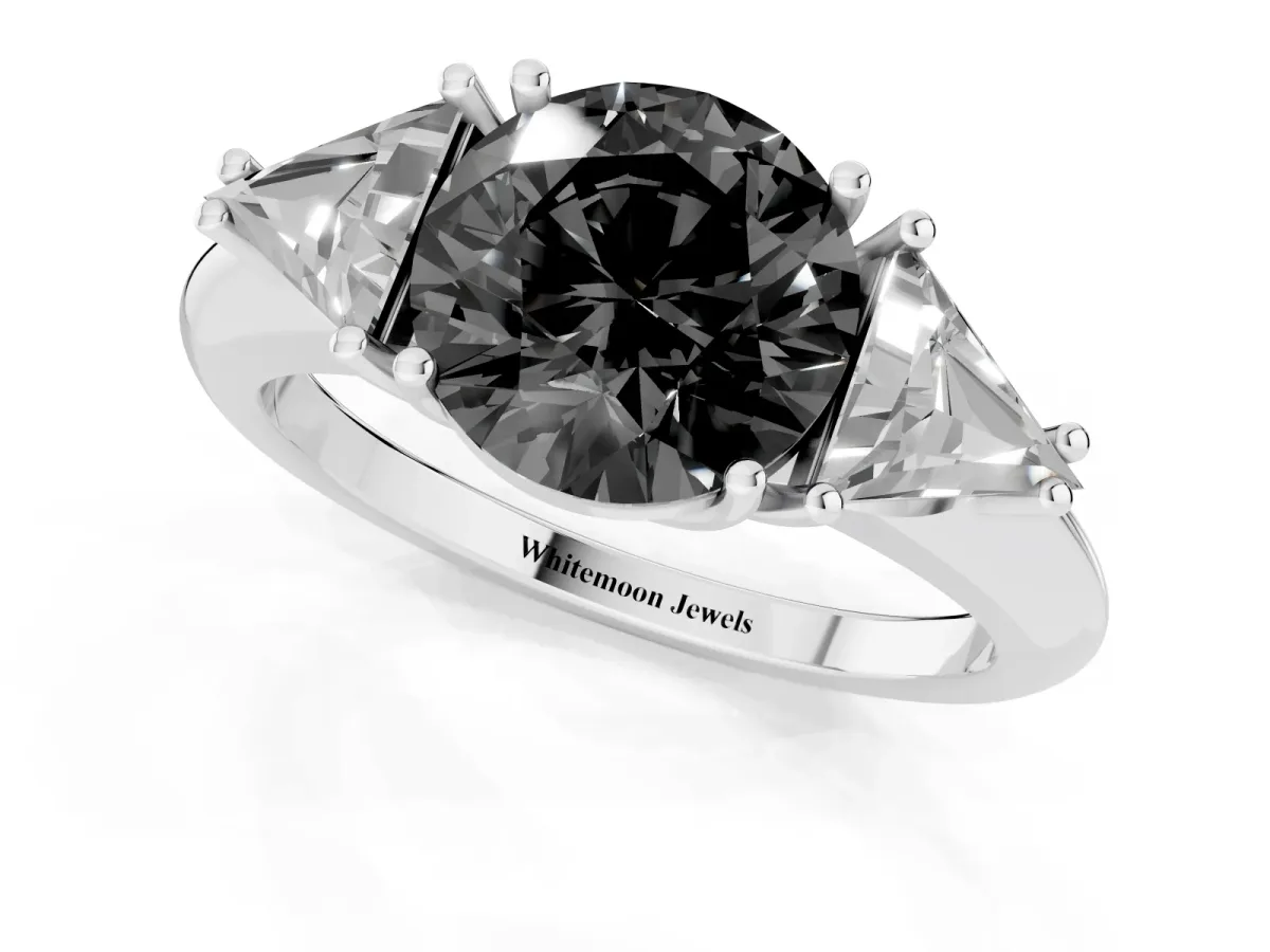 Fancy Black Three-Stone Round Cut Diamond Engagement Ring with Trillion Side Stones and Prong Setting White gold