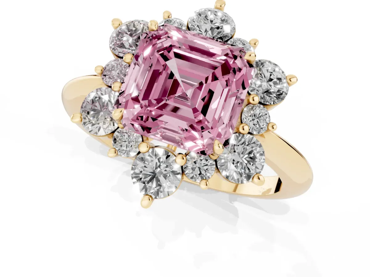 Fancy Pink Asscher Cut Diamond Cluster Halo Ring with Solitaire Band and Four-Prong Setting Yellow gold