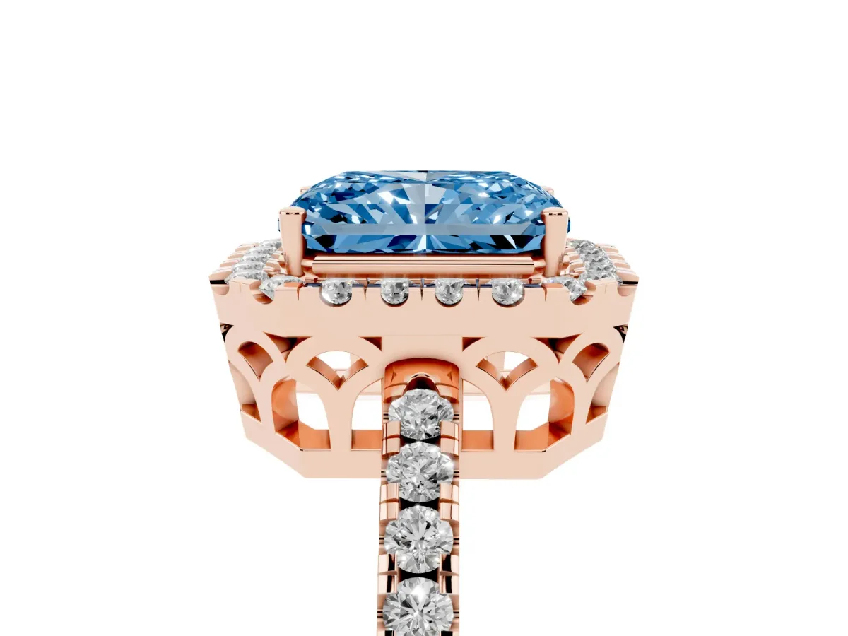 Fancy Blue Radiant Cut Halo Diamond Engagement Ring with Pavé Band and Four-Prong Setting Rose gold