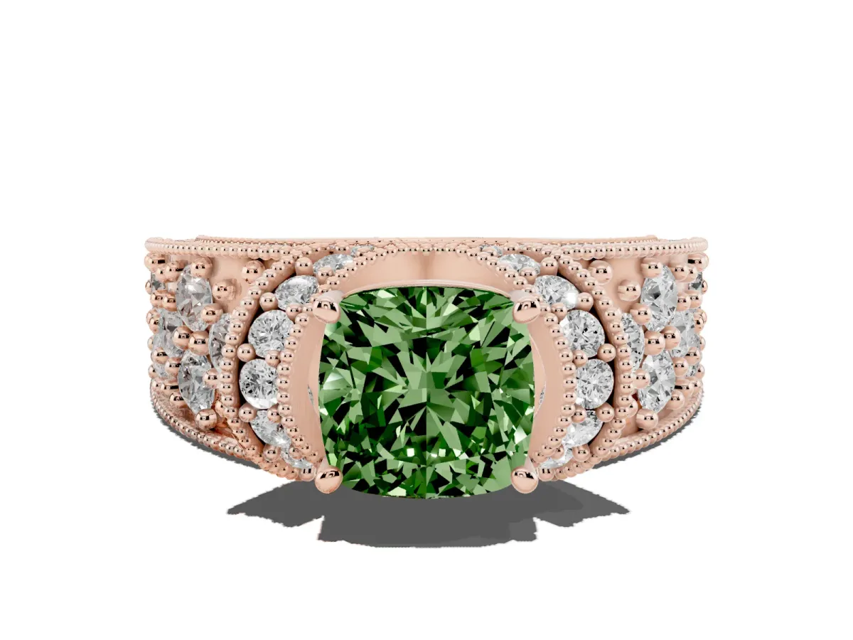 Fancy Green Cushion Cut Halo Pave Diamond Engagement Ring with Milgrain Detailing Rose gold