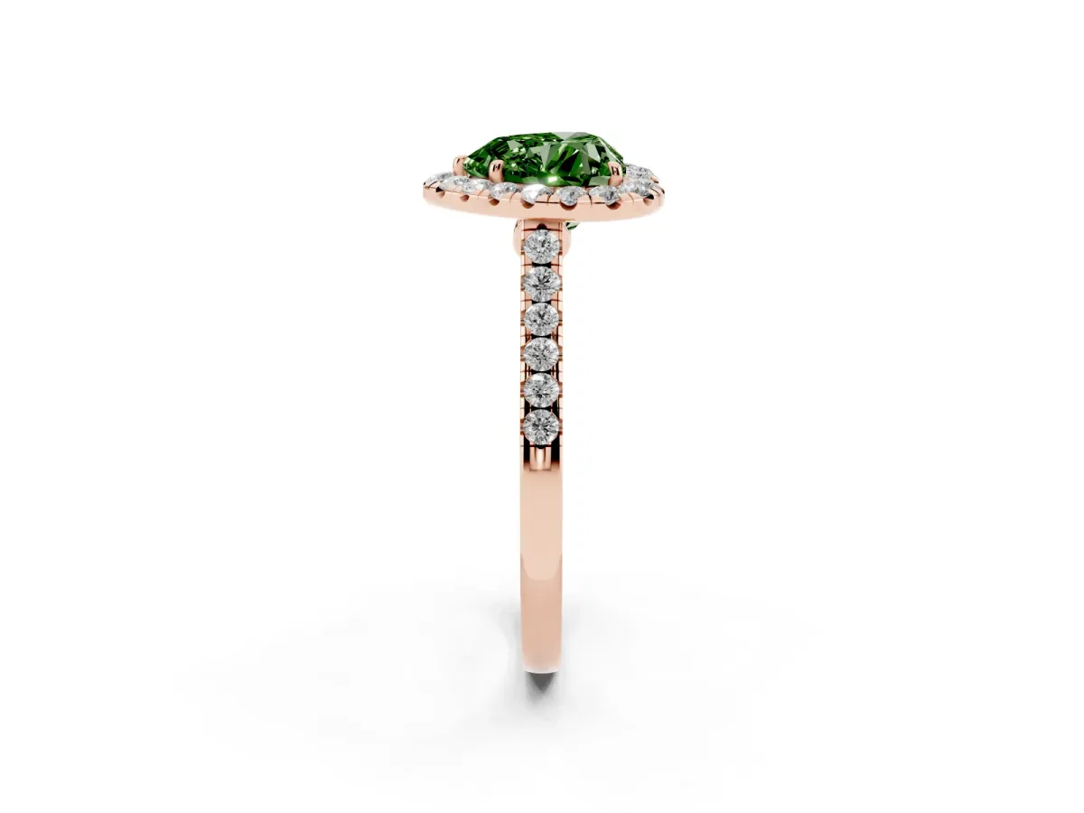 Fancy Green Heart Cut Halo Pave Diamond Engagement Ring with Four-Prong Setting Rose gold