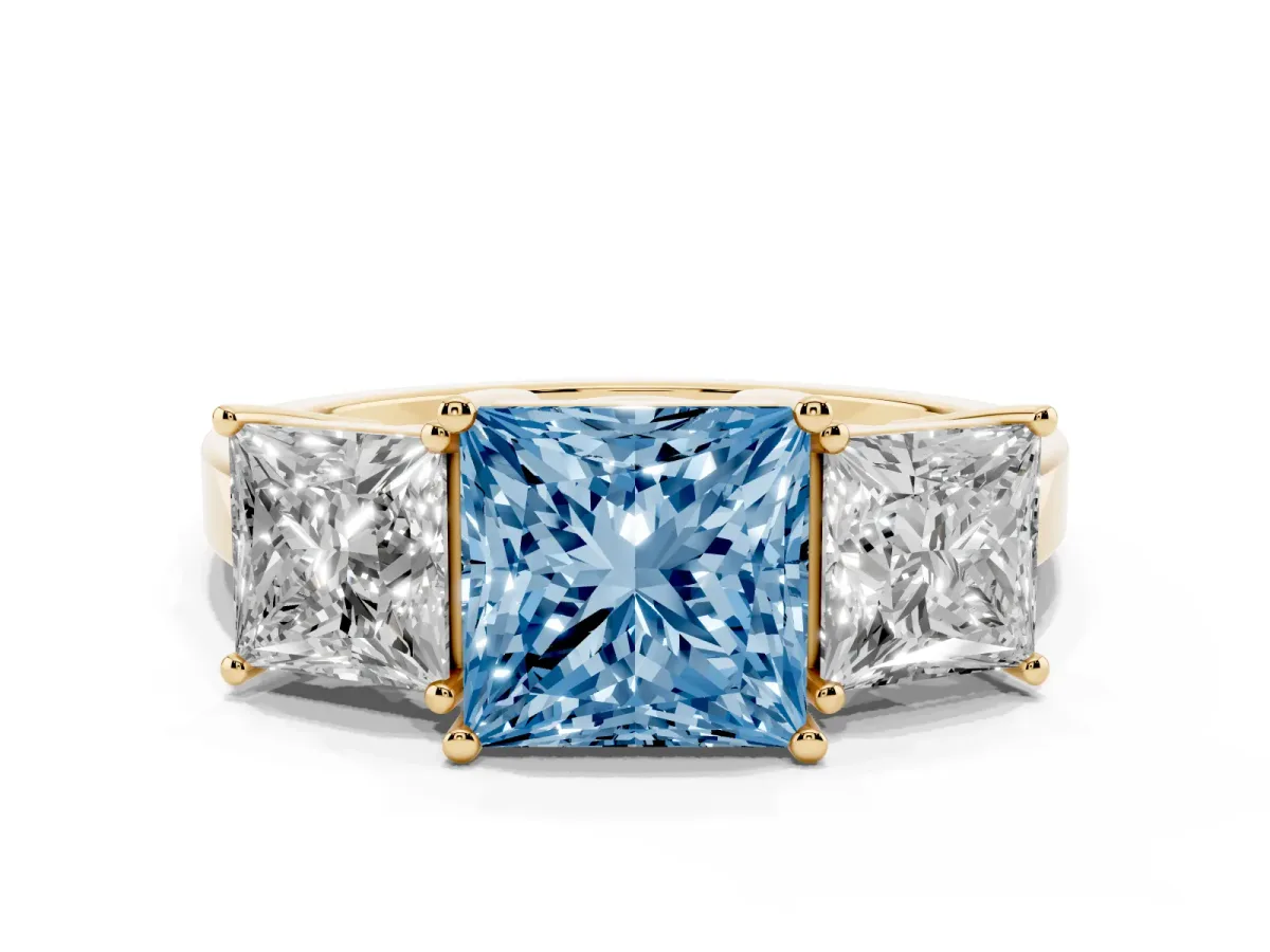 Fancy Blue Three-Stone Princess Cut Cut Diamond Engagement Ring with Flat Band and Four-Prong Setting Yellow gold