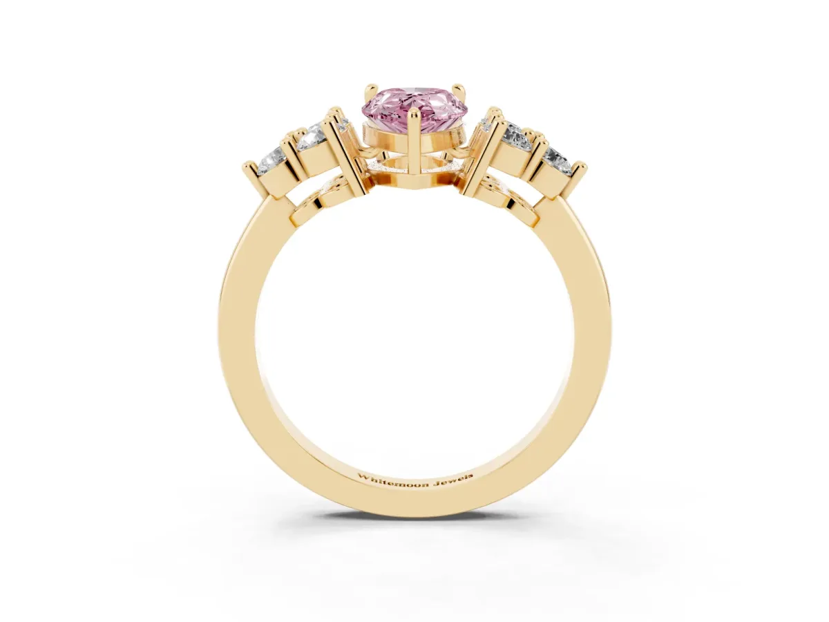 Fancy Pink Pear Cut Brilliant Diamond Cluster Accent Solitaire Ring with Prong Setting Yellow gold