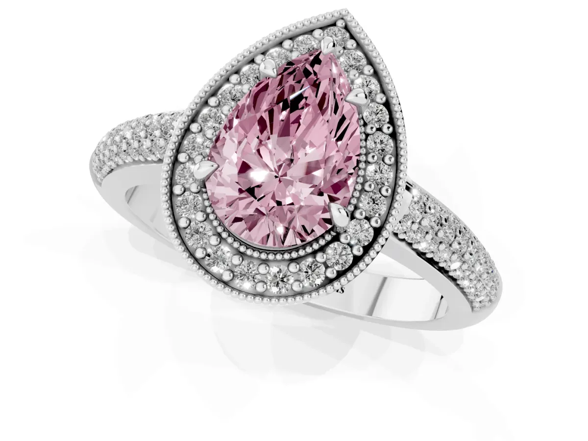 Fancy Pink Pear Cut Cut Halo Diamond Pave Band with Four-Prong Setting Platinum