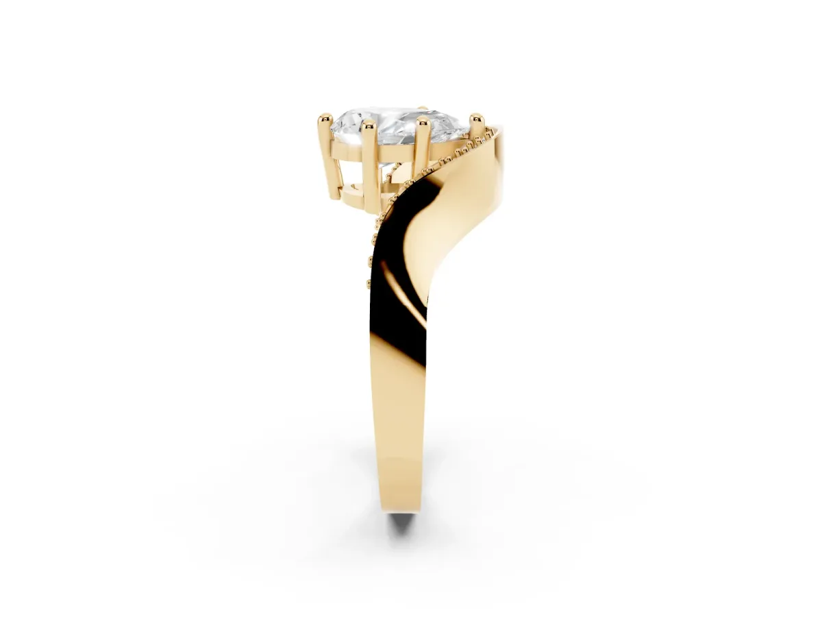Pear Cut Solitaire Diamond Engagement Ring with Pave Band and Four-Prong Setting Yellow gold