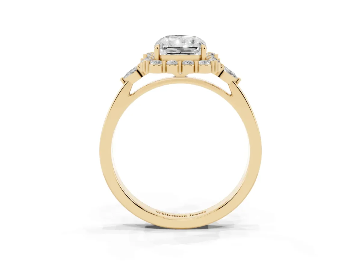 Radiant Cut Diamond Halo Ring with Pear Side Stones and Prong Setting Yellow gold