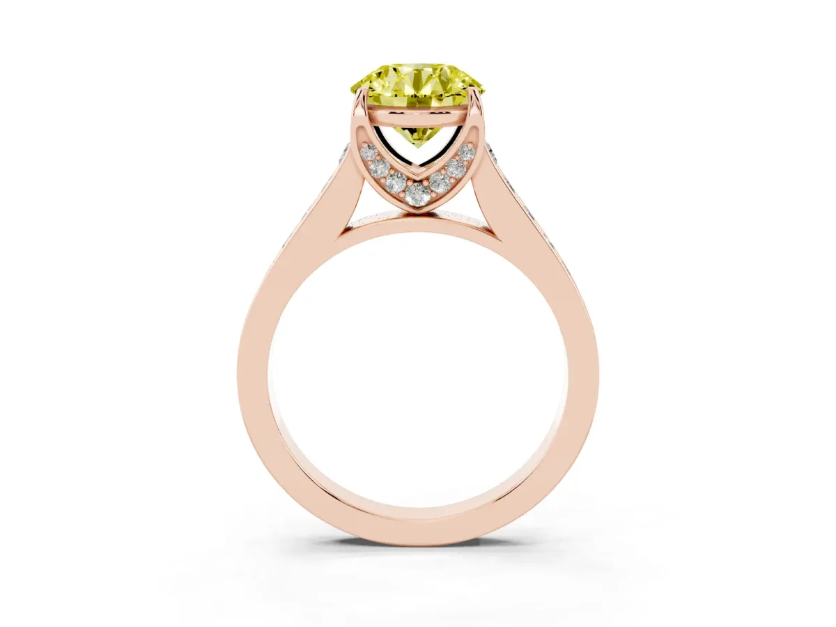 Fancy Yellow Round Cut Brilliant Cut Diamond Engagement Ring with Pavé Band and Four-Prong Setting Rose gold