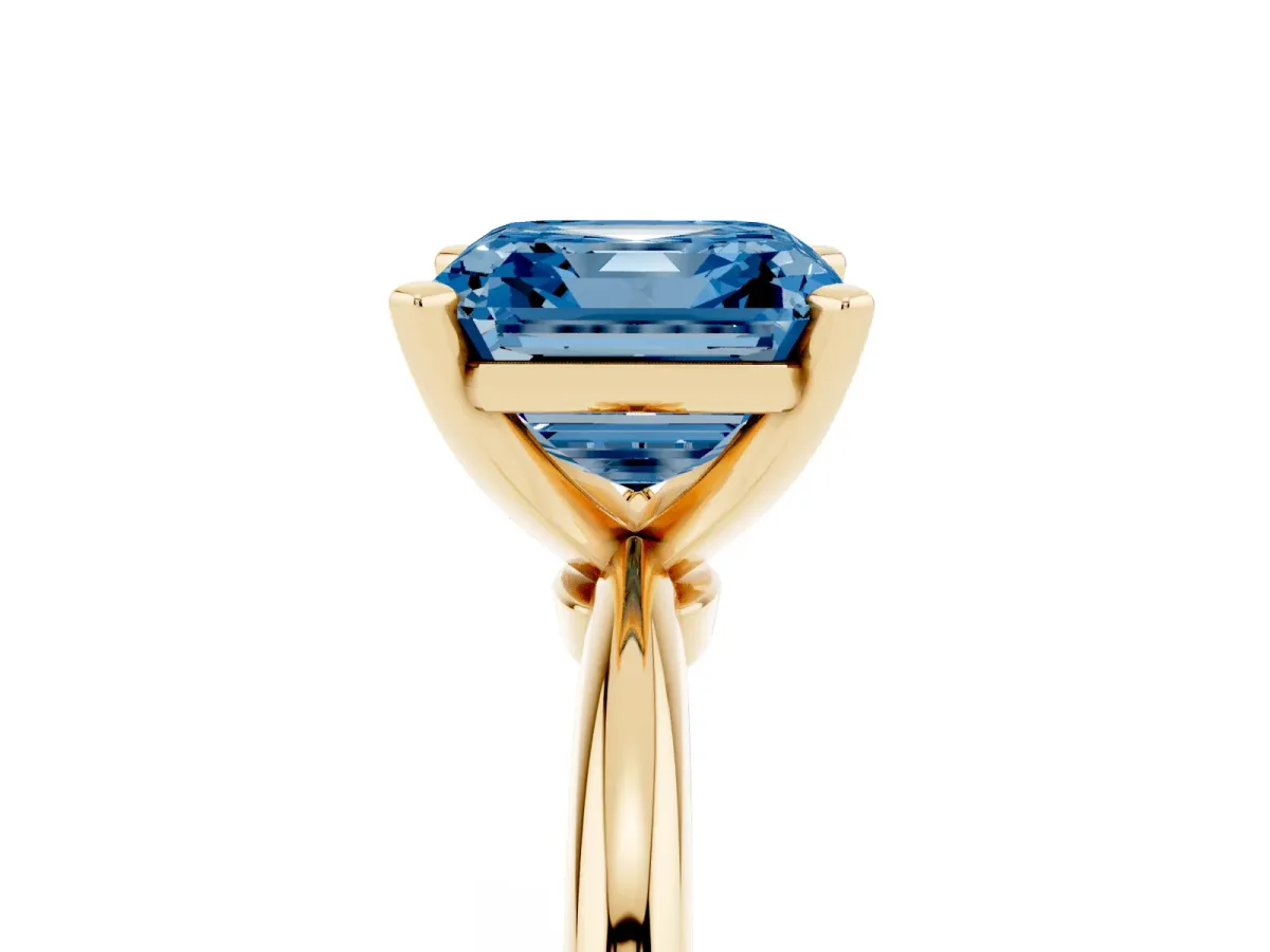 Fancy Blue Asscher Cut Diamond Solitaire Ring with Prong Setting and Classic Band Yellow gold