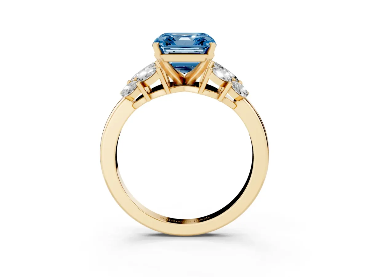 Fancy Blue Asscher Cut Diamond Cluster Leaf Design Ring with Prong Setting Yellow gold