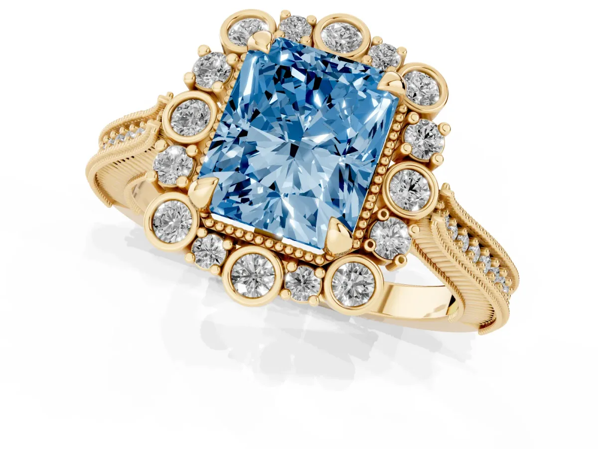 Fancy Blue Radiant Cut Halo Milgrain Pave Diamond Ring with Four-Prong Setting Yellow gold