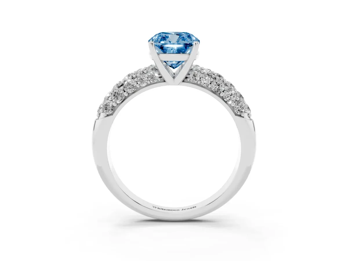 Fancy Blue Cushion Cut Diamond Pavé Band Solitaire Ring with Four-Prong Setting White gold