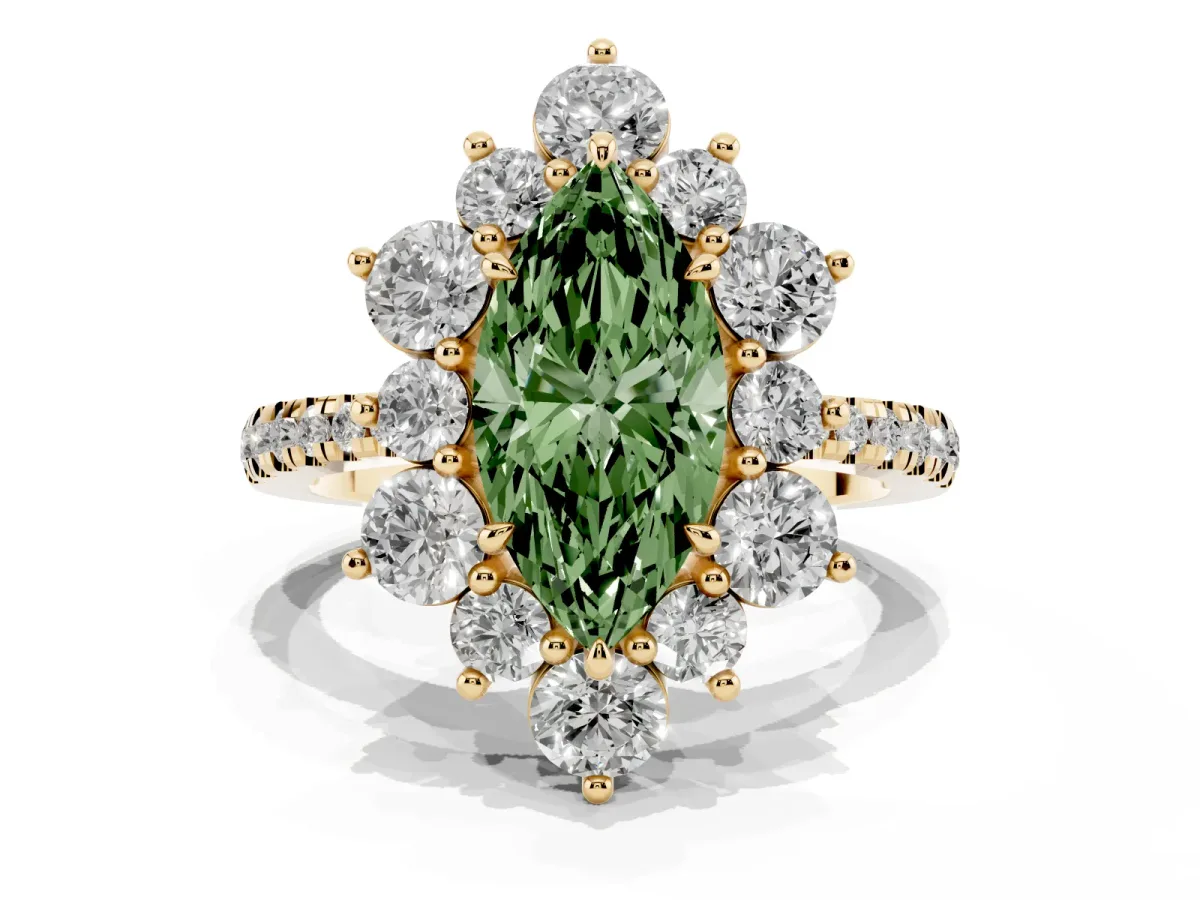 Fancy Green Marquise Cut Diamond Floral Halo Ring with Round Pavé Band and Prong Setting Yellow gold