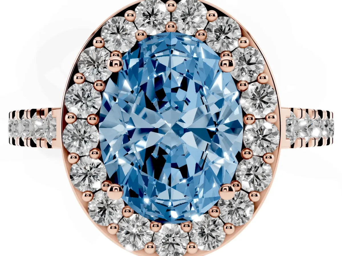 Fancy Blue Oval Cut Diamond Halo Ring with Round Pavé Split Shank and Prong Setting Rose gold