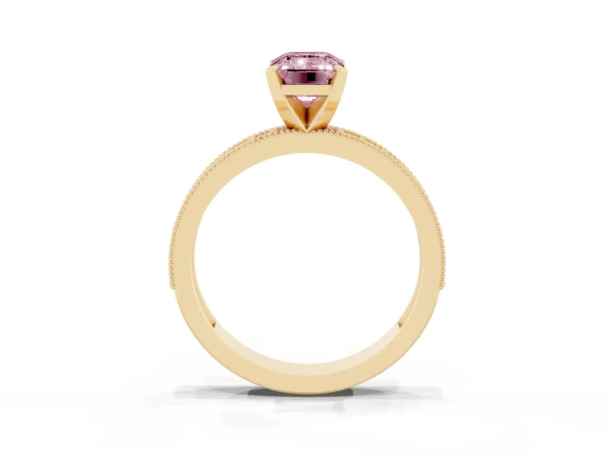Fancy Pink Emerald Cut Diamond Milgrain Pavé Engagement Ring with Four-Prong Setting Yellow gold