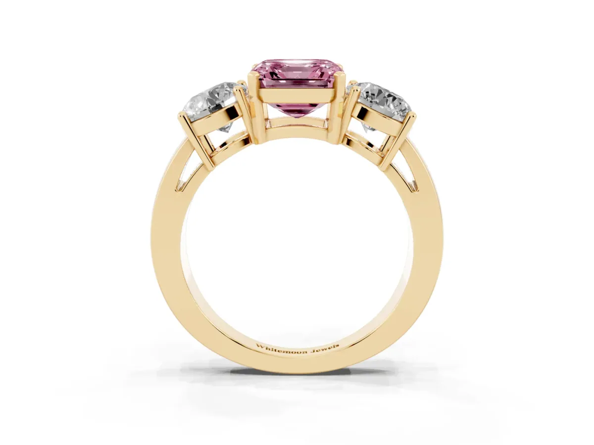 Fancy Pink Three-Stone Asscher Cut Diamond Ring with Round Side Stones, Classic Band, and Four-Prong Setting Yellow gold