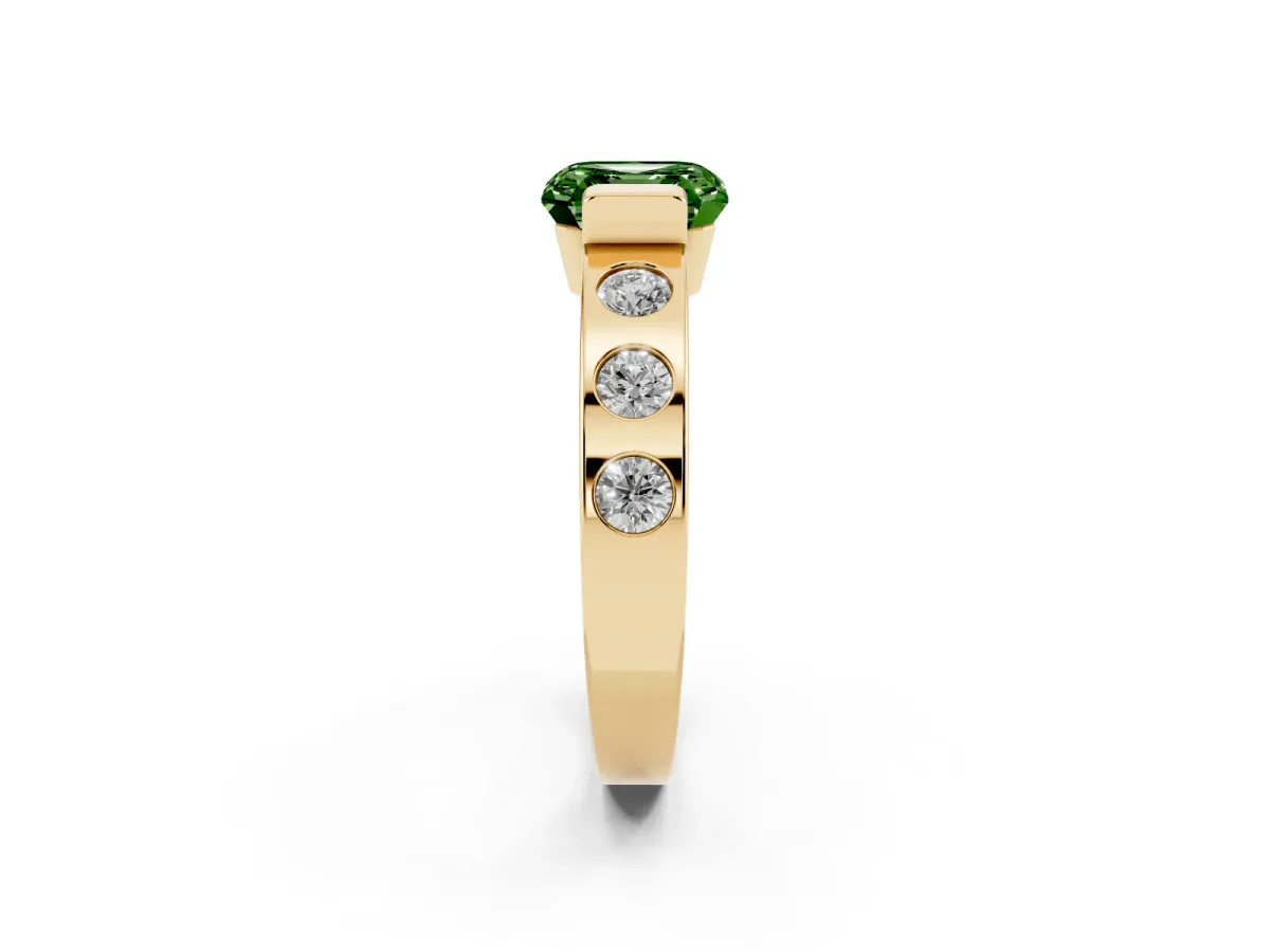 Fancy Green Asscher Cut Brilliant Channel-Set Diamond Ring with Bezel Prong Setting Yellow gold