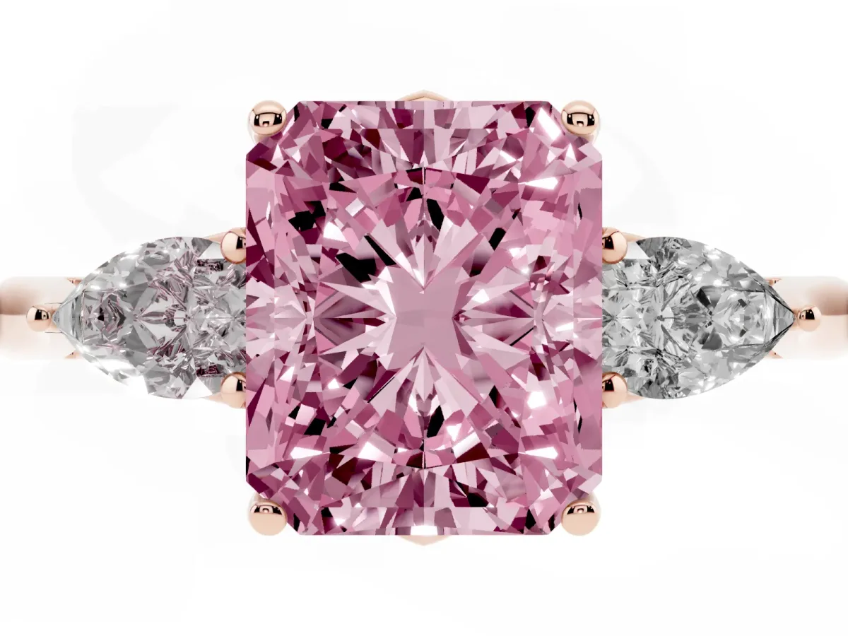 Fancy Pink Three-Stone Radiant Cut Brilliant Diamond Solitaire Ring with Tapered Band and Four-Prong Setting Rose gold