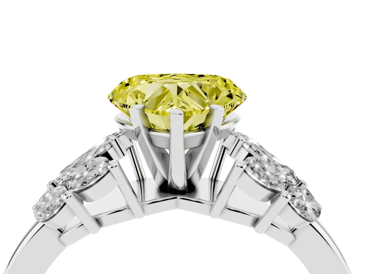 Fancy Yellow Heart Cut Diamond Cluster Leaf Design Ring with Prong Setting Silver