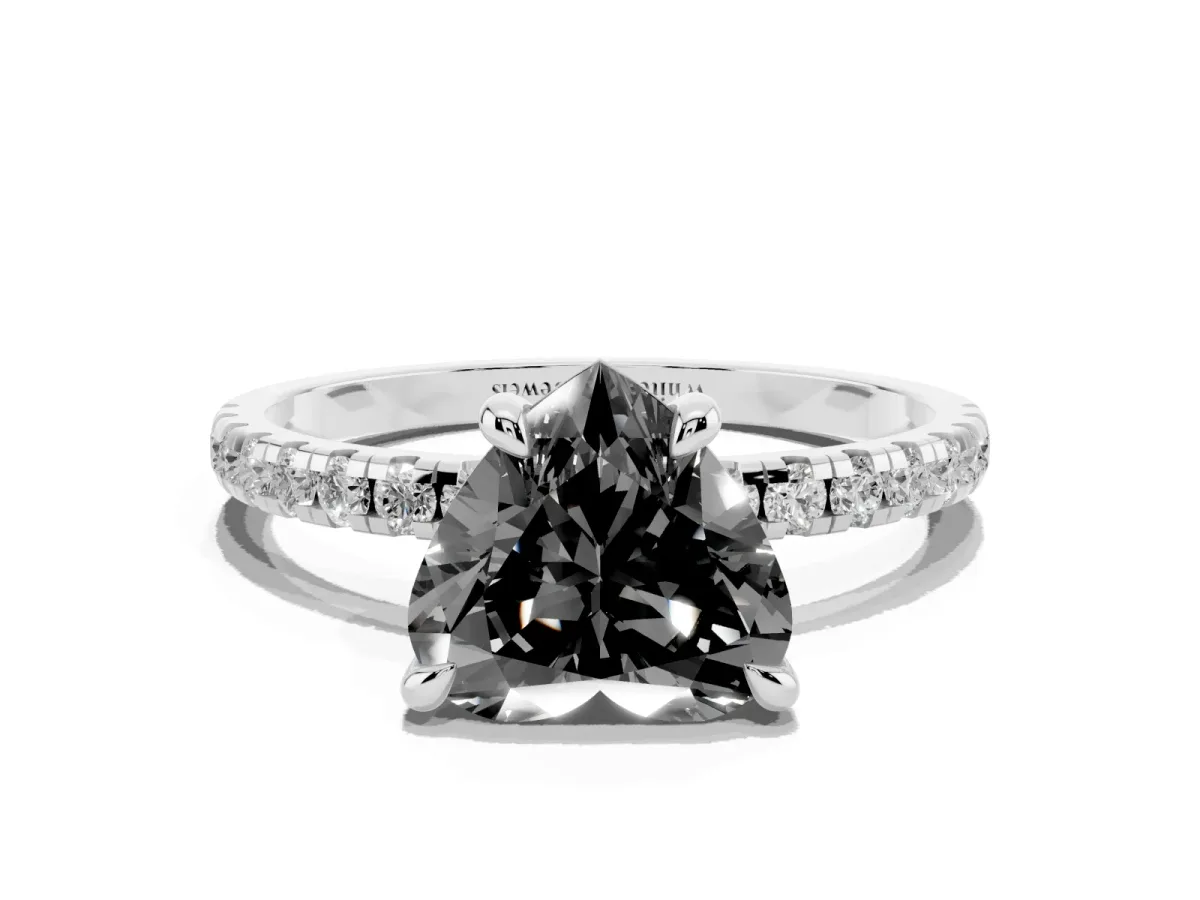 Fancy Black Heart Cut Diamond Brilliant Solitaire Ring with Pavé Band and Four-Prong Setting Silver