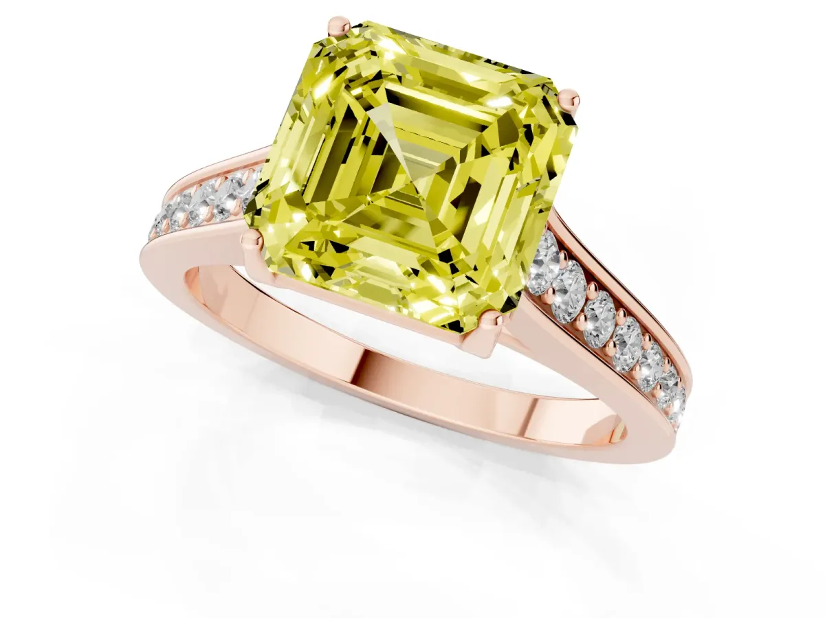 Fancy Yellow Asscher Cut Brilliant Cut Diamond Engagement Ring with Pavé Band and Four-Prong Setting Rose gold