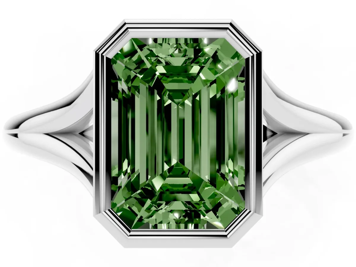 Fancy Green Bezel Set Emerald Cut Cut Solitaire Ring with Tapered Band Silver