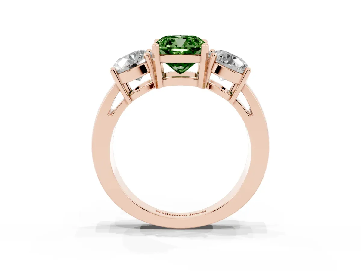 Fancy Green Three-Stone Cushion Cut Diamond Ring with Round Side Stones, Classic Band, and Four-Prong Setting Rose gold