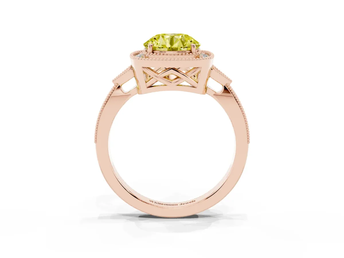 Fancy Yellow Round Cut Halo Round Diamond Milgrain Pave Engagement Ring Rose gold