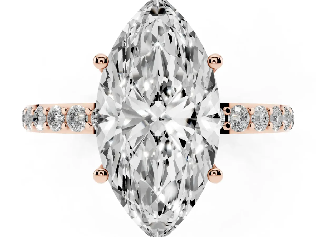 Marquise Cut Diamond Solitaire Ring with Round Pavé Shoulders and Prong Setting Rose gold
