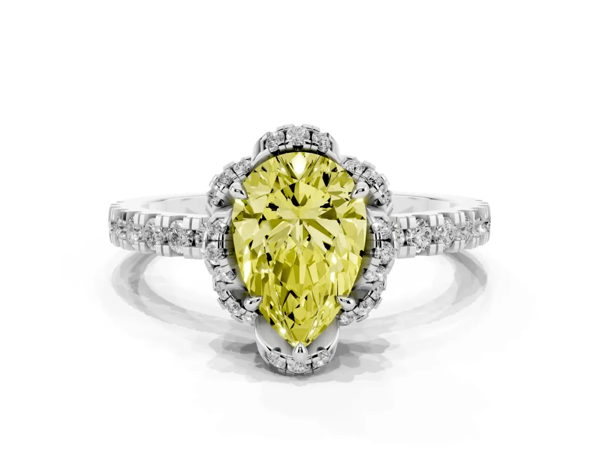 Fancy Yellow Pear Cut Diamond Halo Pave Band with Four-Prong Setting Silver