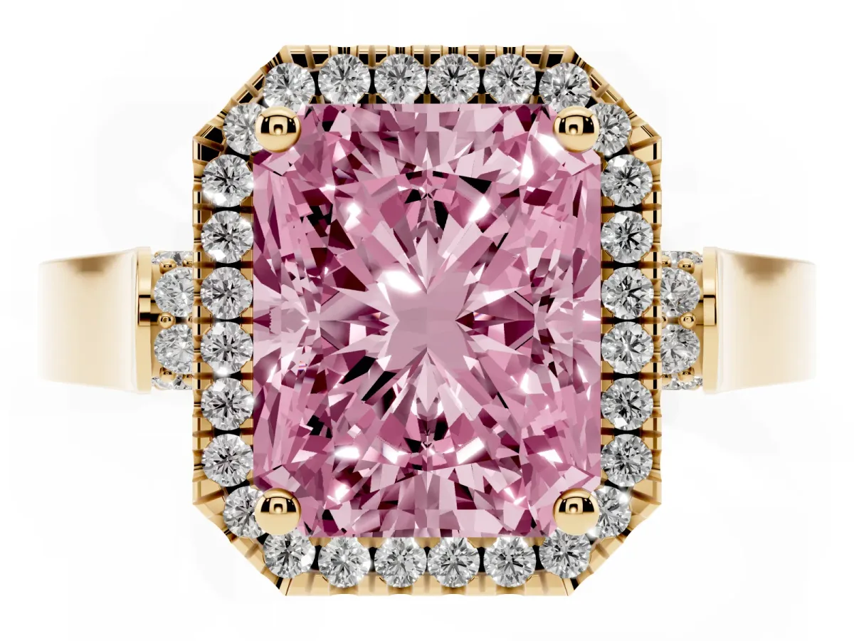 Fancy Pink Radiant Cut Halo Pave Split Shank Prong Setting Ring Yellow gold