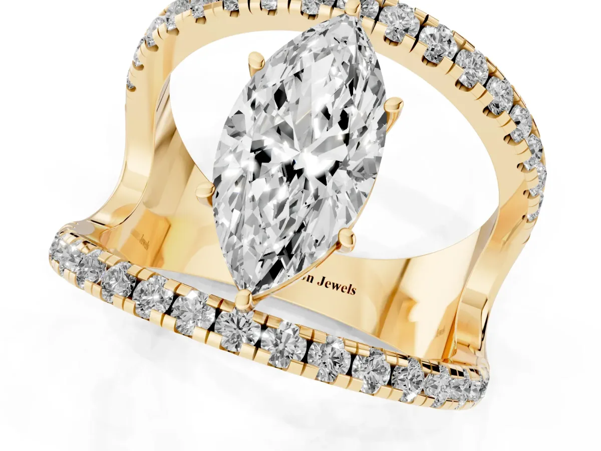 Marquise Cut Solitaire Split Shank Pave Diamond Ring Yellow gold