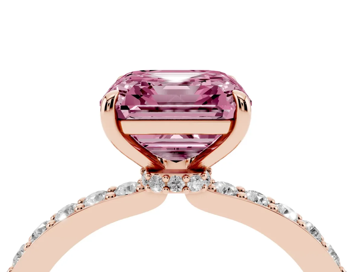 Fancy Pink Asscher Cut Diamond Solitaire Engagement Ring with Pavé Band and Four-Prong Setting Rose gold