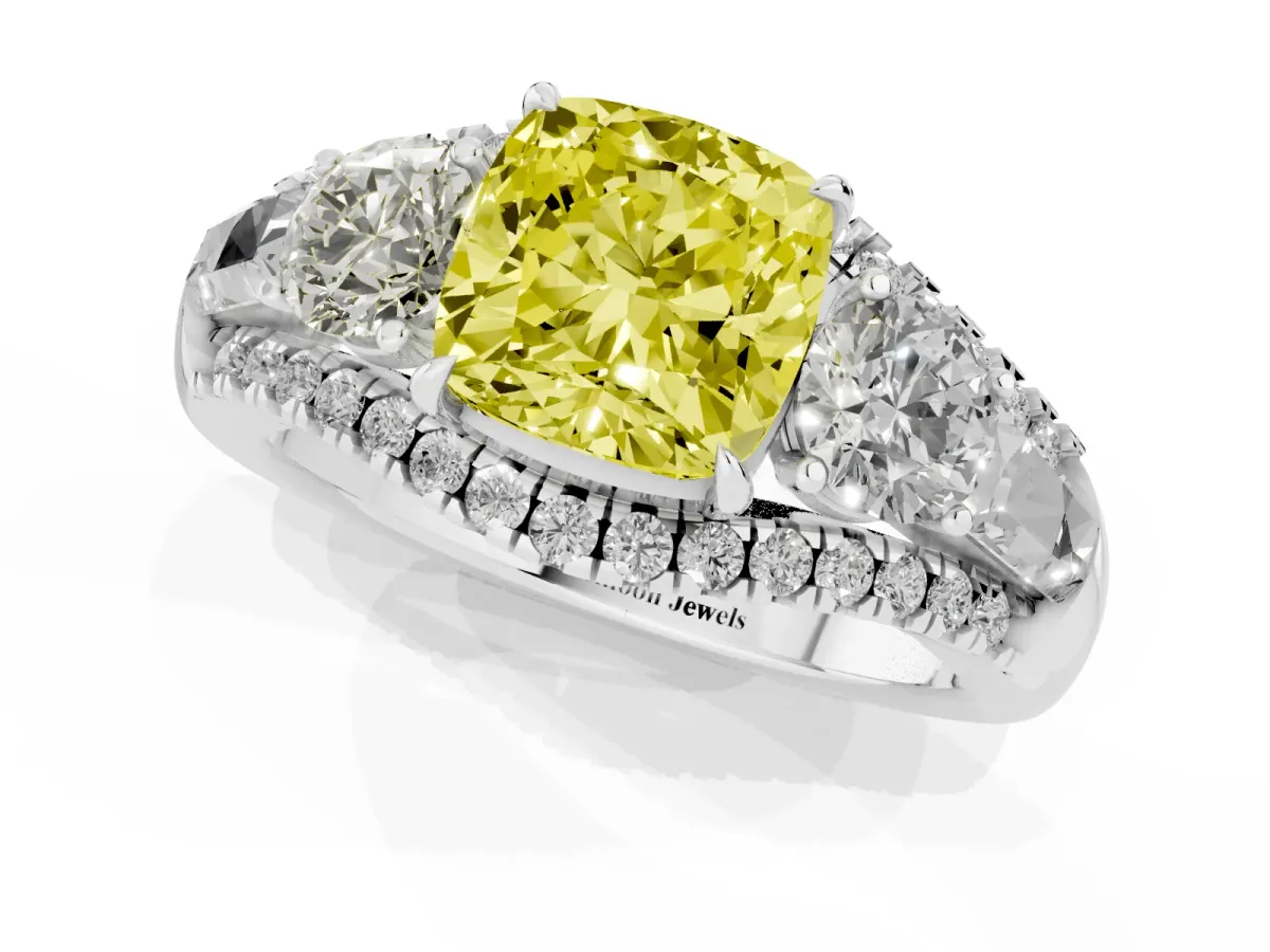 Fancy Yellow Three-Stone Cushion Cut Diamond Engagement Ring with Pave Band and Prong Setting Silver