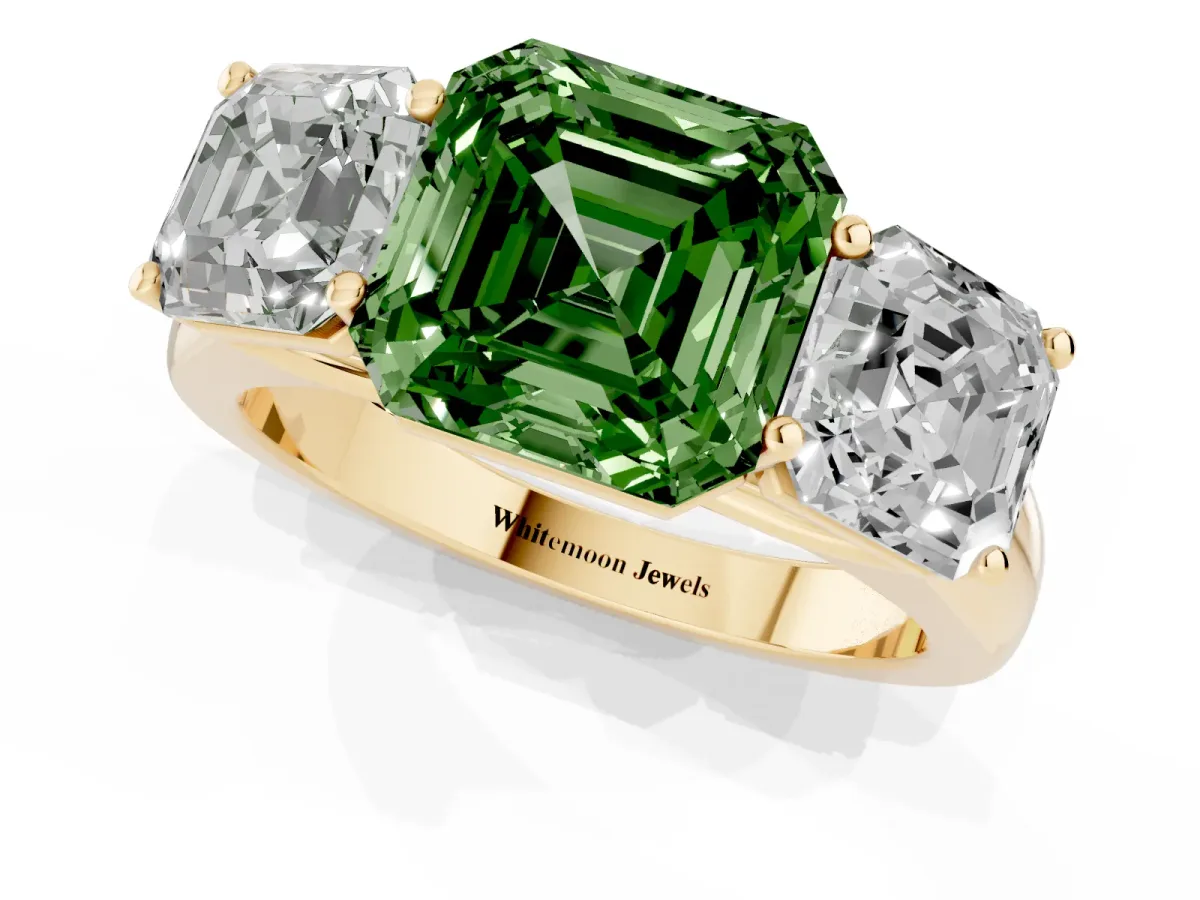 Fancy Green Asscher Cut Three-Stone Diamond Ring with Prong Setting on a Classic Band Yellow gold