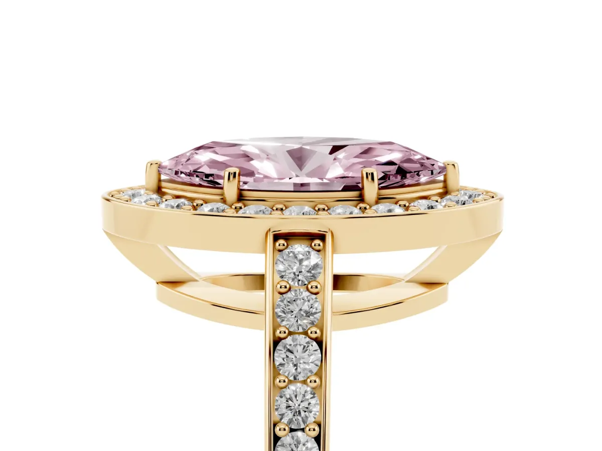 Fancy Pink Marquise Cut Halo Pavé Diamond Engagement Ring with Bezel Setting Yellow gold