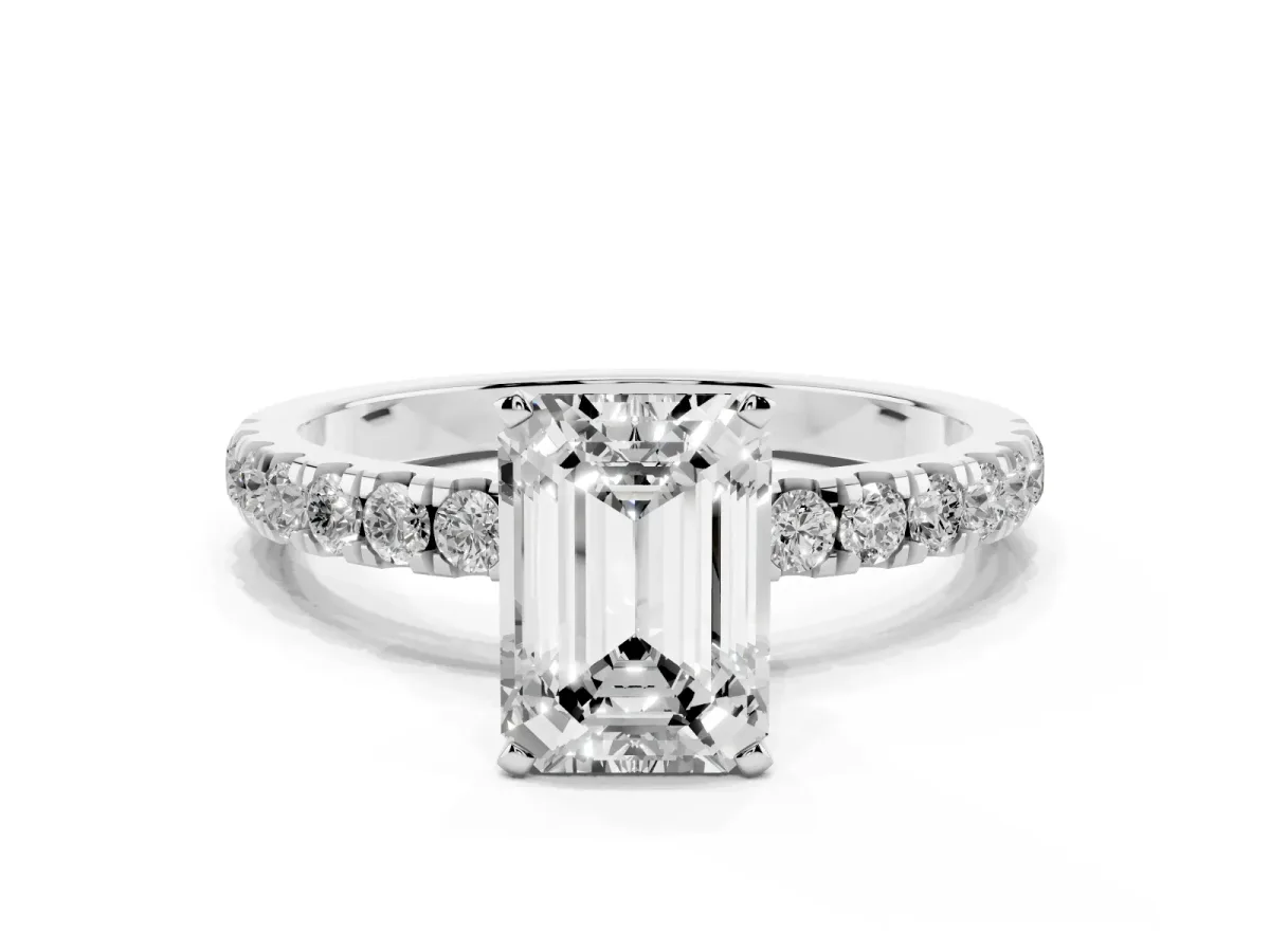 Emerald Cut Diamond Solitaire Ring with Pavé Accents and Four-Prong Setting Silver