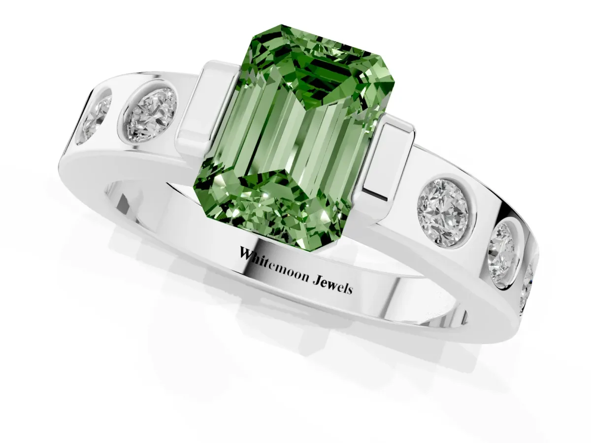 Fancy Green Emerald Cut Brilliant Channel-Set Diamond Ring with Bezel Prong Setting Platinum