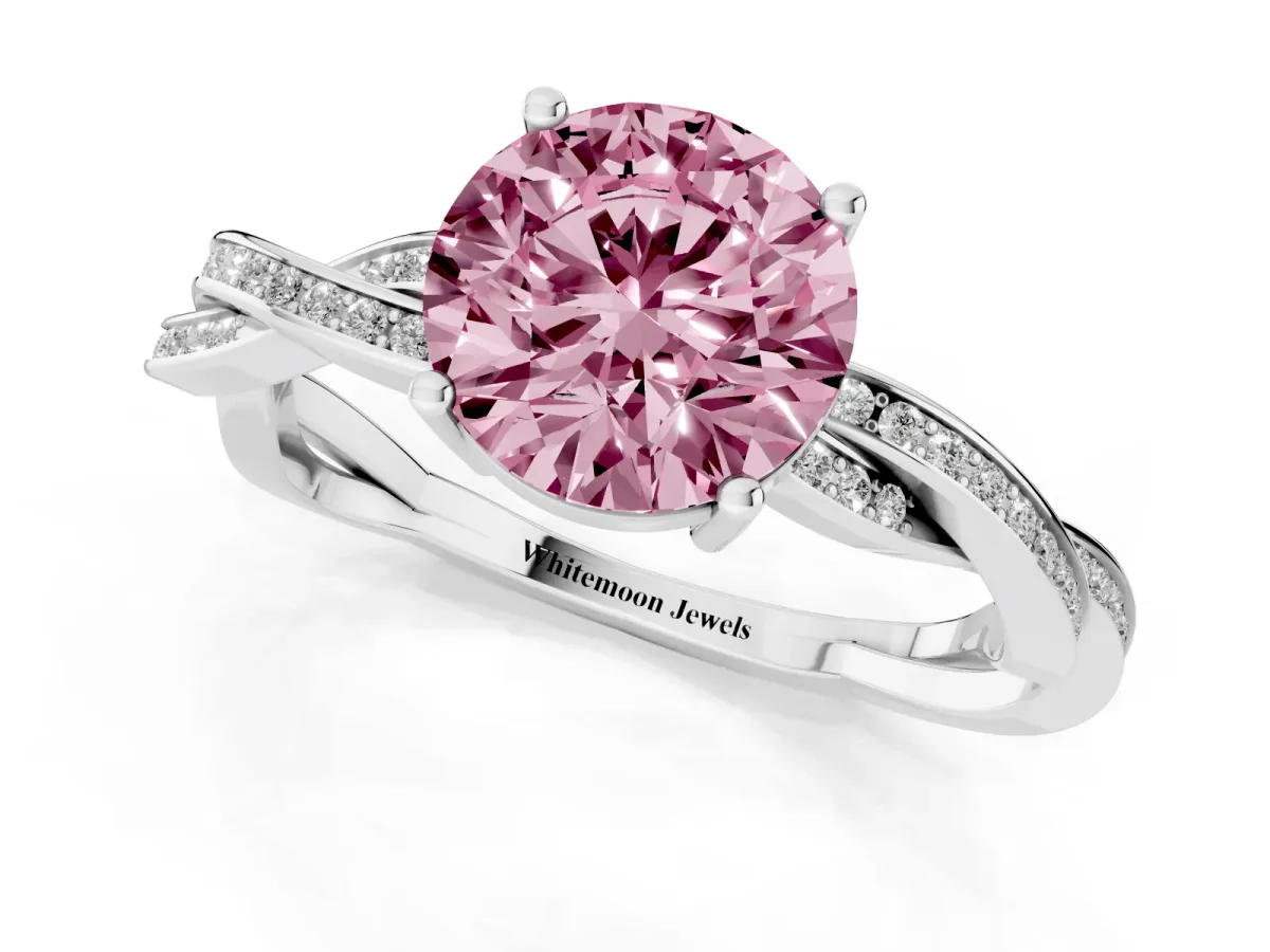 Fancy Pink Round Cut Solitaire Twisted Pave Diamond Ring with Four-Prong Setting White gold