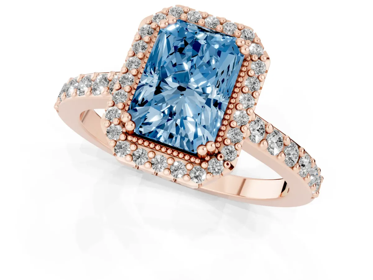 Fancy Blue Radiant Cut Cut Diamond Halo Engagement Ring with Milgrain Detail and Pavé Band Rose gold