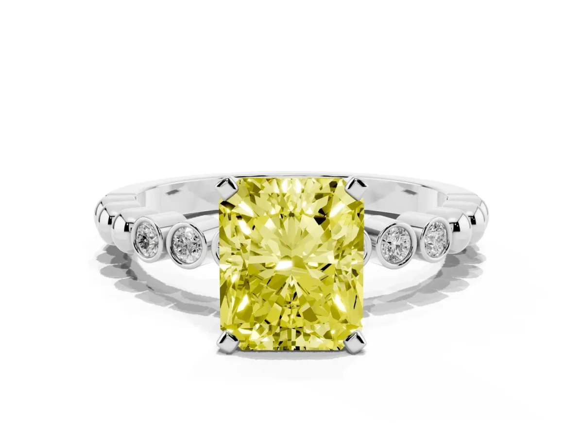 Fancy Yellow Radiant Cut Solitaire Bezel Accent Diamond Engagement Ring with Beaded Band and Four-Prong Setting Silver