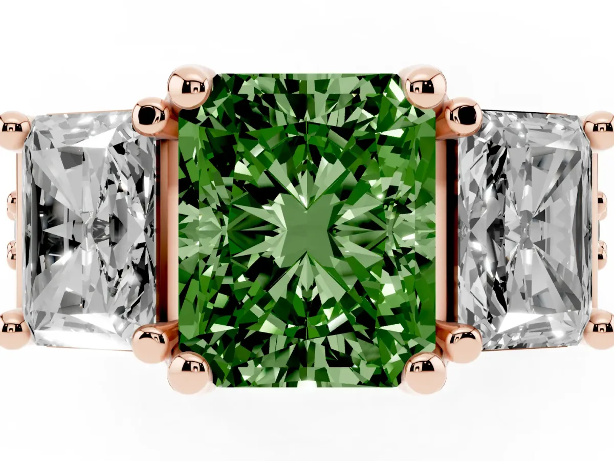 Fancy Green Radiant Cut Diamond Three-Stone Ring with Channel Set Band and Four-Prong Setting Rose gold
