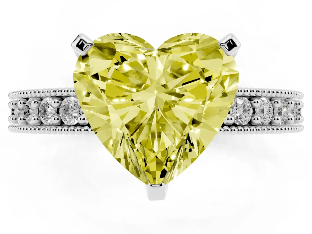 Fancy Yellow Heart Cut Diamond Milgrain Pavé Engagement Ring with Four-Prong Setting Silver