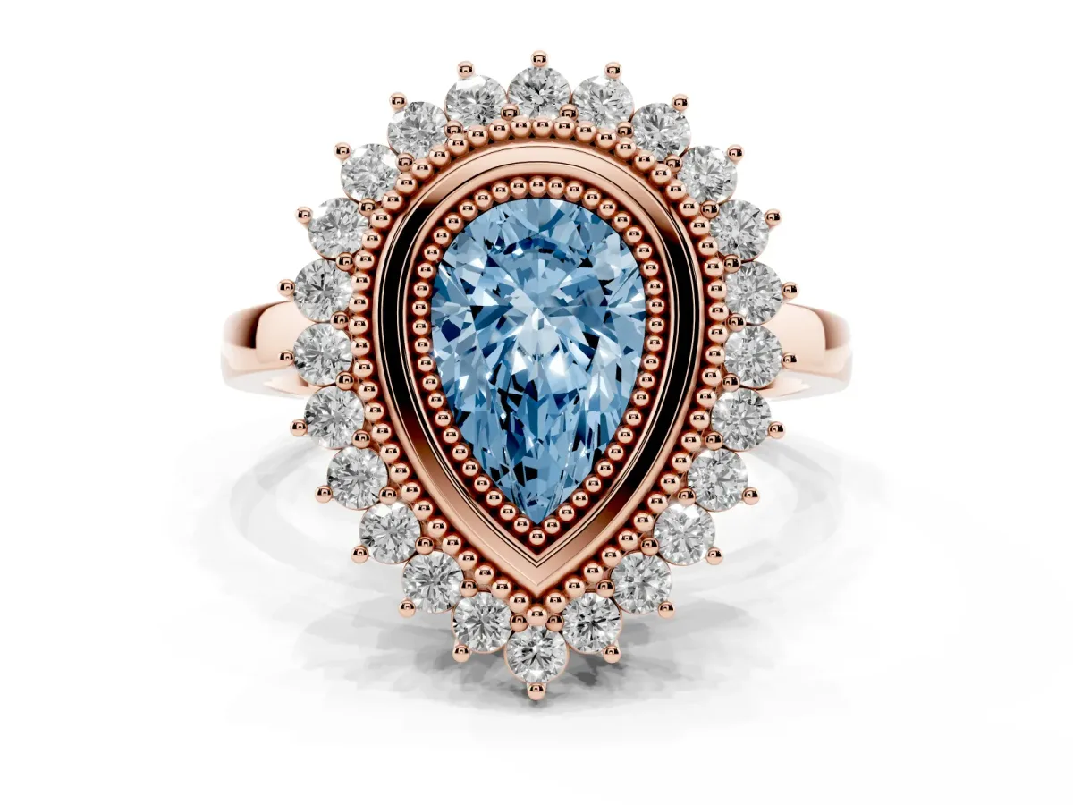 Fancy Blue Pear Cut Halo Diamond Ring with Milgrain Edge and Round Prong Setting Rose gold