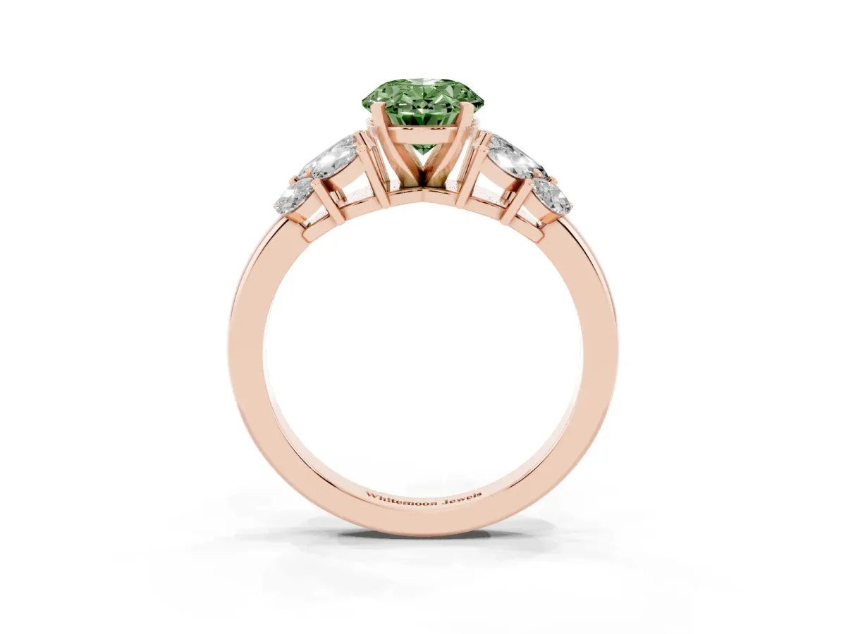 Fancy Green Oval Cut Diamond Cluster Leaf Design Ring with Prong Setting Rose gold