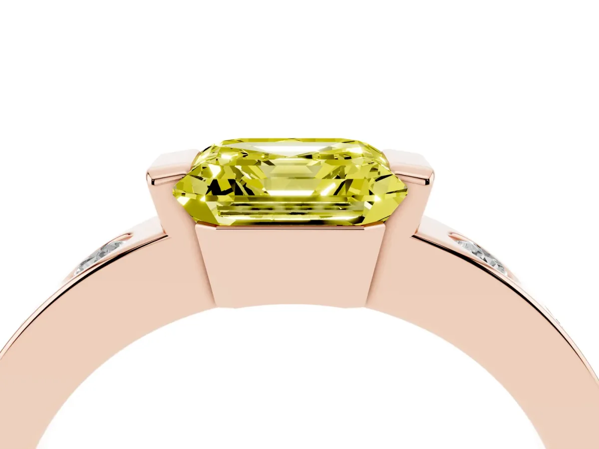 Fancy Yellow Asscher Cut Brilliant Channel-Set Diamond Ring with Bezel Prong Setting Rose gold