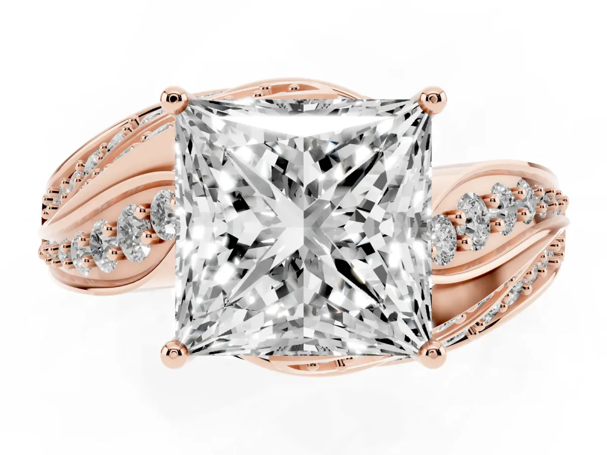 Princess Cut Diamond Solitaire Ring with Prong Setting and Twisted Pavé Band Rose gold